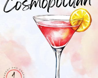 Cosmopolitan Cocktail Watercolor Clipart | Cocktail Recipe | Classic Cocktail PNG | Cosmo PNG | Signature Drink | Wedding Menu clipart