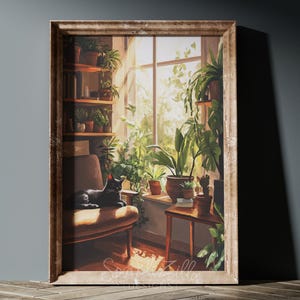 Botanical Black Cat Printable Wall Art | Lush Greenery Art | Pet Cat Art | Neutral Plant Art | Black Cat Painting | Modern Aesthetic Decor