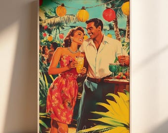 Vintage Tiki Bar Couple Printable Wall Art | Atomic Tiki Prints | Retro Magazine Ad Art | Tiki Bar Poster | 1950S Style Tiki Bar Menu