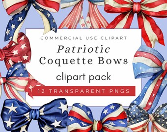 Watercolor Patriotic Bow Clipart: Coquette PNG Bundle (Digital Download)