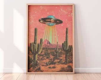 Retro Western Disco Ball UFO Wall Art | Vintage Western Sci-Fi Collage | Cosmic Art for Home Decor | Desert UFO | Pink UFO | Disco Ball Art