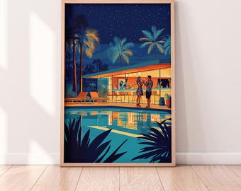Vintage Inspired Tiki Pool Bar Illustration Printable Wall Art | Tiki Art Prints | Retro Magazine Ad Art | Tiki lounge aesthetic | Tiki Bar