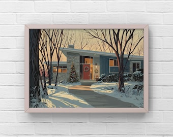 Arte mural navideño moderno de mediados de siglo: escena invernal de Nueva Inglaterra, decoración navideña retro, arte mural imprimible moderno de mediados de siglo