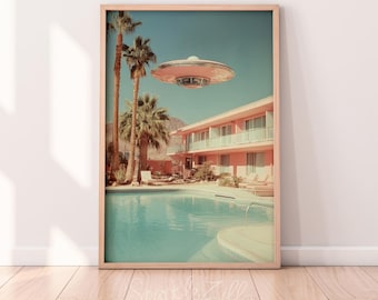 Retro UFO Photo Art | Palm Springs Printable | Wall Decor | Sci-Fi Art | Palm Springs Art | Retro Cosmic Art | Pink UFO | Palm Springs UFO