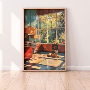 Yellow Lab In Kitchen Printable Wall Art | Dog Lover Art | Midcentury Modern Kitchen | Mid Mod Art | Digital Download | Sunbathing Dog Art