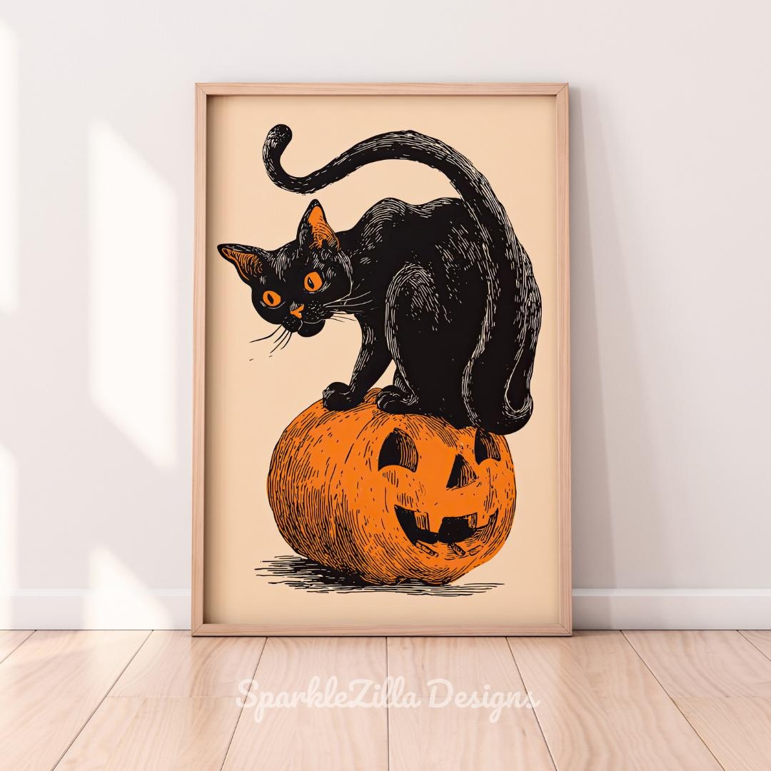 Vintage Black Cat and Pumpkin Halloween Wall Art - Beistle Style Retro ...