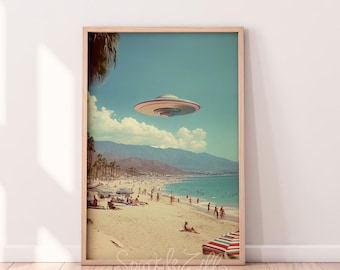 Retro UFO Photo Art | Palm Springs Printable | Wall Decor | Sci-Fi Art | Palm Springs Art | Retro Cosmic Art | Pink UFO | Beach UFO