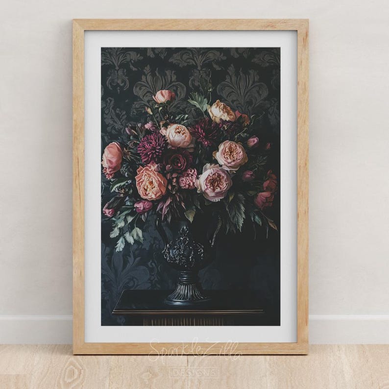 Vintage Dark Academia Wall Art Print Moody Floral Still Life Oil ...