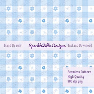 Light Blue Gingham Seamless Pattern with Flowers – Hand Drawn, Cute Midcentury Pastel Checkered Print for Sublimation & Crafts