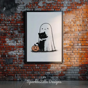 Retro ghost and cat Halloween illustration on brick wall background.