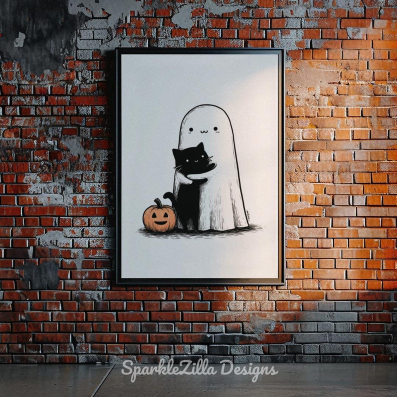 Retro ghost and cat Halloween illustration on brick wall background.