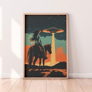 UFO Western Wall Art | Vintage Cowboy Decor | Retro Sci-Fi Canvas Print | Unique Alien Artwork for Home Aesthetic | Retro Cowgirl UFO Art