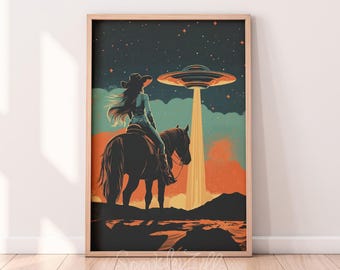 Arte de pared occidental con ovnis / Decoración vaquera vintage / Impresión en lienzo de ciencia ficción retro / Obra de arte alienígena única para la estética del hogar / Arte ovni de vaquera retro