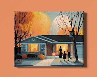 Puede incluir: Impresión en lienzo que presenta una ilustración retro de una casa decorada para Halloween. La obra de arte representa a una familia frente a la casa, con calabazas y follaje otoñal. La paleta de colores incluye naranja, amarillo y negro.