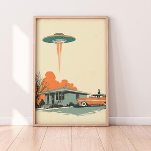 Vintage UFO Illustration Printable Wall Art | Alien Abduction Art Space Wall Art | Surreal Science Fiction Fantasy | Retro Cosmic Art