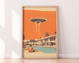 Vintage Poolside Palm Springs UFO Illustration Printable Wall Art | Alien Abduction Art Space Wall Art | Surreal Science Fiction Fantasy