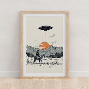 Vintage Cowboy and UFO Illustration Printable Wall Art | Alien Abduction Art Space Wall Art | Country and Western Art | Retro Cosmic Art