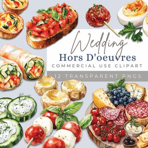 Puede incluir: Un conjunto de 12 ilustraciones de acuarela de aperitivos de boda, que incluyen una tabla de quesos con uvas, salami y aceitunas, un plato de brochetas de caprese, un plato de bocados de pepino y eneldo, un plato de mini quiches, un plato de bruschetta, un plato de rollitos de primavera y un plato de mini tartas. Las ilustraciones son perfectas para usar en invitaciones de boda, menús u otros materiales relacionados con la boda.