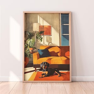 Midcentury modernes Wohnzimmer mit Dackel druckbare Wandkunst | Hundeliebhaber Kunst | Mid-Mod Kunst | Digitaler Download | Sonnenhund Art