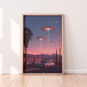 Retro UFOs Desert Photo Art | Arizona UFO Printable | Wall Decor | Sci-Fi Art | Desert Art | Retro Cosmic Art | Pink UFO | Desert UFOs