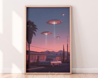 Retro UFOs Desert Photo Art | Arizona UFO Printable | Wall Decor | Sci-Fi Art | Desert Art | Retro Cosmic Art | Pink UFO | Desert UFOs