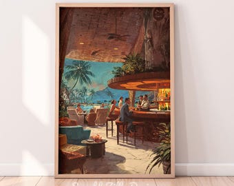 Vintage Tiki Bar Printable Wall Art | Moody Tiki Bar Wall Art | Vintage Pulp Style Tropical Bar | Midcentury Dark Fantasy Resort Decor