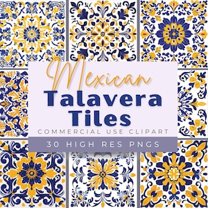 Mexican Talavera Tile Clipart Set | Beautiful Mosaic Tile PNG | 30 Talavera Tile Designs | Cute Painted Tiles | Blue and Yellow Flowers PNG