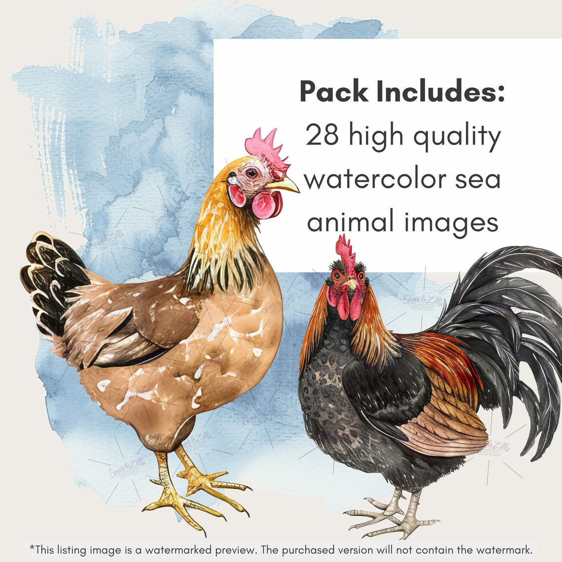 Watercolor Chicken Clipart: Farm Animal PNG Graphics (digital Download ...
