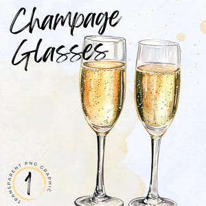 Copas de champán de acuarela Clipart PNG / Nochevieja / Clipart de bodas / Celebraciones de aniversario / Clipart de fiesta / Descarga digital