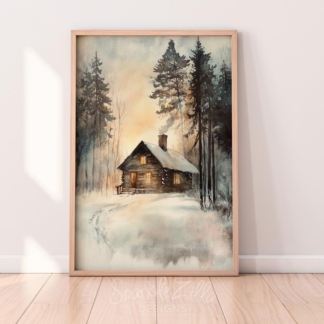 Winter Cabin Printable Wall Art | Log Cabin Decor | Winter Cabin Rustic ...