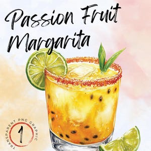 Aquarell Passionsfrucht Margarita Clipart | Alkohol trinken Illustration | Digitaler Download | Passionsfrucht Margarita PNG | Signature Drink
