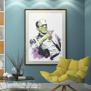 Frankenstein martini cocktail wall art displayed in rustic café interior, vintage Halloween bar cart printable.