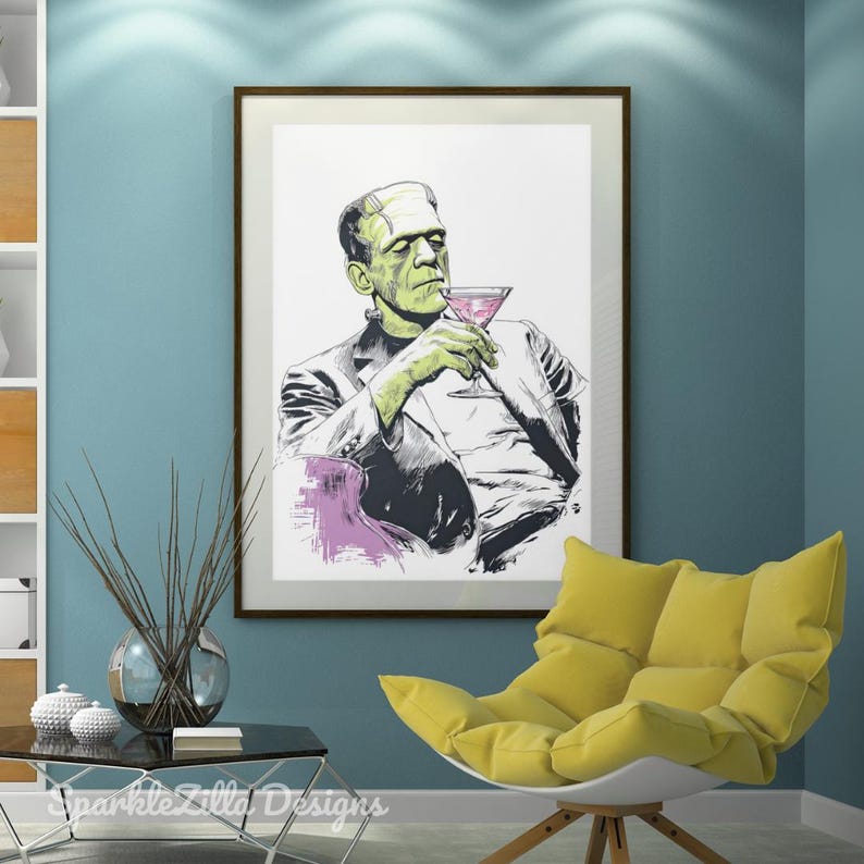 Frankenstein martini cocktail wall art displayed in rustic café interior, vintage Halloween bar cart printable.