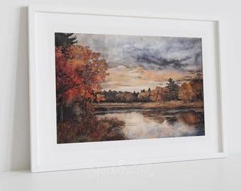 Moody Autumn New England Skies Wall Art | Moody Rustic Art | Neutral Autumn Lake Landscape Poster | Fall Vintage Print | Lake House Decor
