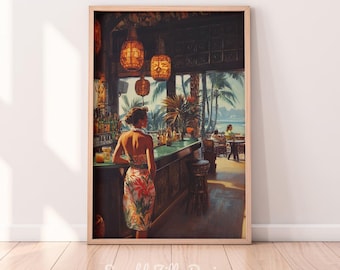 Vintage Tiki Bar Frau druckbare Kunst | Tiki Art Original Drucke | Retro Magazin Ad Art | Tiki Bar Poster | 50er Jahre Stil Tiki Bar Karte
