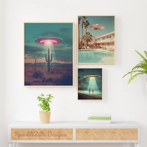Vintage UFO Wall Art Bundle | Retro Sci Fi Alien Prints | Atomic Age Spaceship Poster Set | Midcentury Space Decor