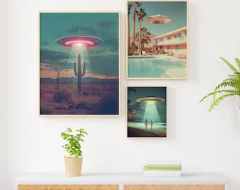 Retro UFO Wall Art Bundle – Midcentury Alien Spaceship Prints, Palm Springs & Desert Beach Decor, Vintage Sci-Fi Aesthetic