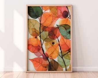 Herbst Blatt Abstrakte Wandkunst - Lebendige Herbstfarben, Botanische Kunst, Mid Century Modern Wohnkultur, gemütliche saisonale druckbare Kunst