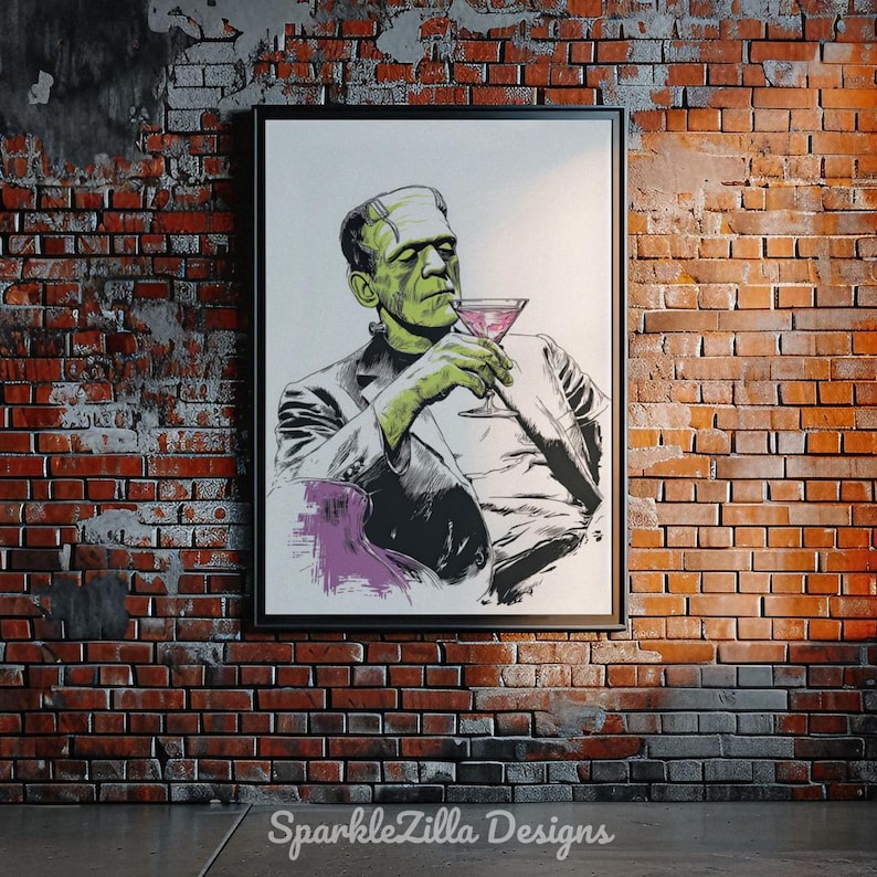 Lon Chaney Frankenstein with martini wall art framed on brick wall with sunlight and plants, vintage retro Halloween decor