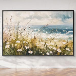 Coastal White Wildflowers Wall Art | Printable Beach Floral Painting | Floral Sea Wall Art | Vintage Summer Coastal Wildflower Landscape
