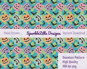 Summerween Tiki Pumpkin Seamless Pattern Hand Drawn Halloween Tiki Clipart, Teal Orange Purple Pink Spooky Cute Background, cute halloween
