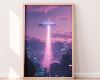 Ufo Flying Over City Photo Art | NYC UFO Printable | Wall Decor | Sci-Fi Art | City Art | Retro Cosmic Art | Pink UFO | Alien Abduction Art