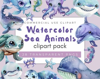 Watercolor Sea Animals Clipart: 28 PNG Ocean Graphics (Commercial Use)