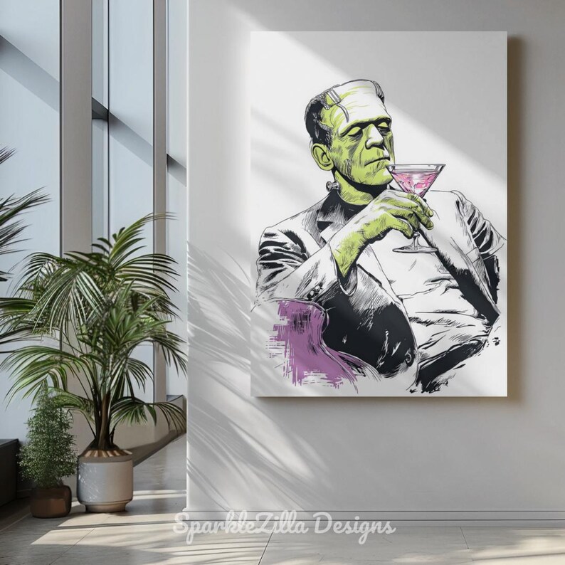 Frankenstein martini cocktail wall art displayed in rustic café interior, vintage Halloween bar cart printable.