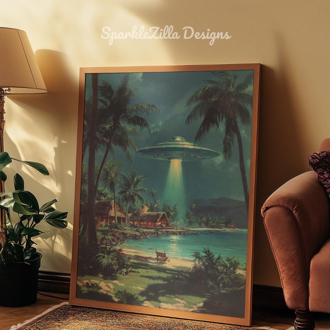Retro UFO Beach Print, Vintage Sci Fi Tropical Wall Art, Mid Century ...