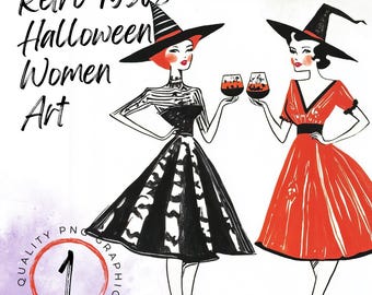 Retro 1950s Halloween Women Art | Nostalgic Halloween | Sublimation Design | Halloween Party | Vintage Halloween | Retro Halloween Art