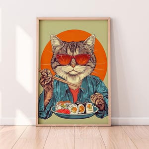 May include: A cartoon cat wearing sunglasses and a blue shirt is holding chopsticks and eating sushi. The cat is sitting in front of a plate of sushi with a red background behind it.