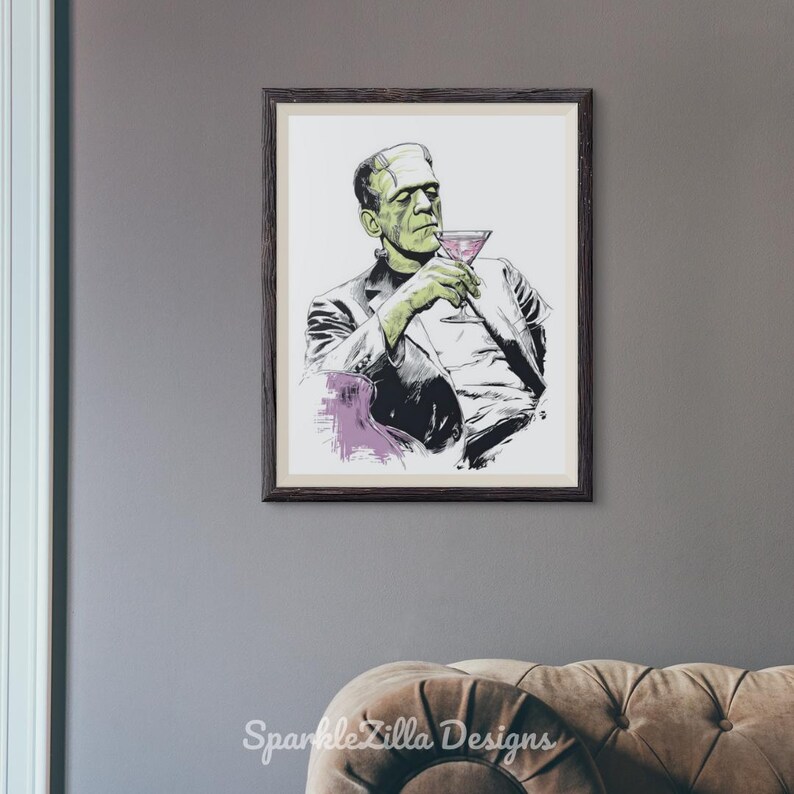 Frankenstein with martini wall art framed on white wall with sunlight and plants, vintage retro Halloween decor.