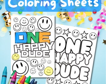 One Happy Dude Coloring Sheets | Instant Download | 1St Birthday | Birthday Game Activity Mat | Smiley Face Activity Pages | Crayola Crayons