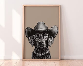zwarte kunstafdruk cowboyhond | retroprint | vintage kunst | blauwe muurkunst hond | Westernhondenprint | trendy inrichting | digitale download | kunsthond